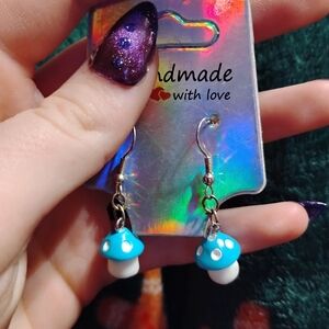 Handmade cute dangley dainty blue and white mushroom earrings